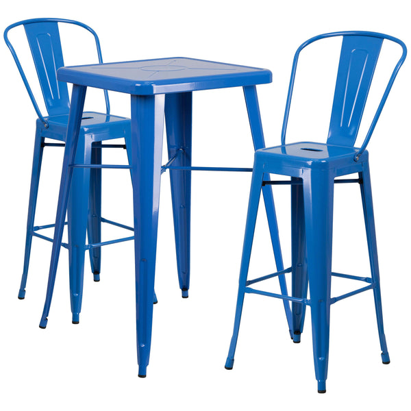 Blue |#| 23.75inch Square Blue Metal Indoor-Outdoor Bar Table Set with 2 Stools with Backs