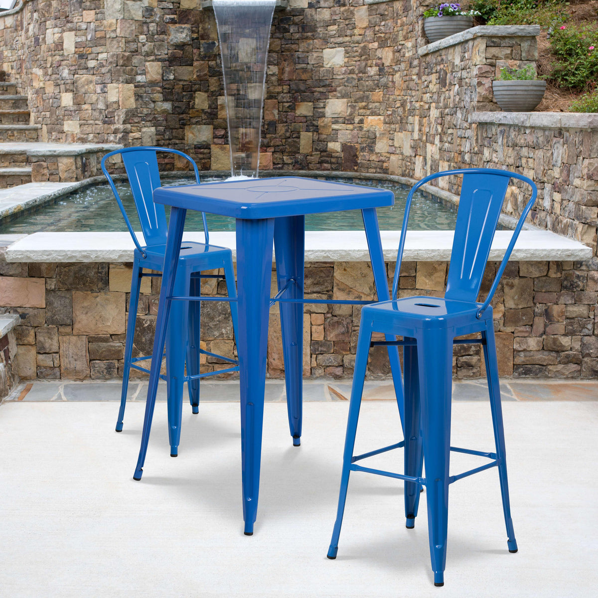 Blue |#| 23.75inch Square Blue Metal Indoor-Outdoor Bar Table Set with 2 Stools with Backs