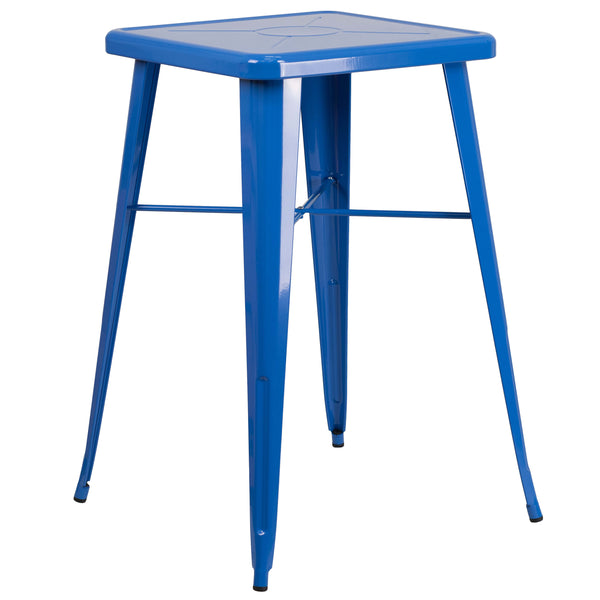 Blue |#| 23.75inch Square Blue Metal Indoor-Outdoor Bar Table Set with 2 Stools with Backs