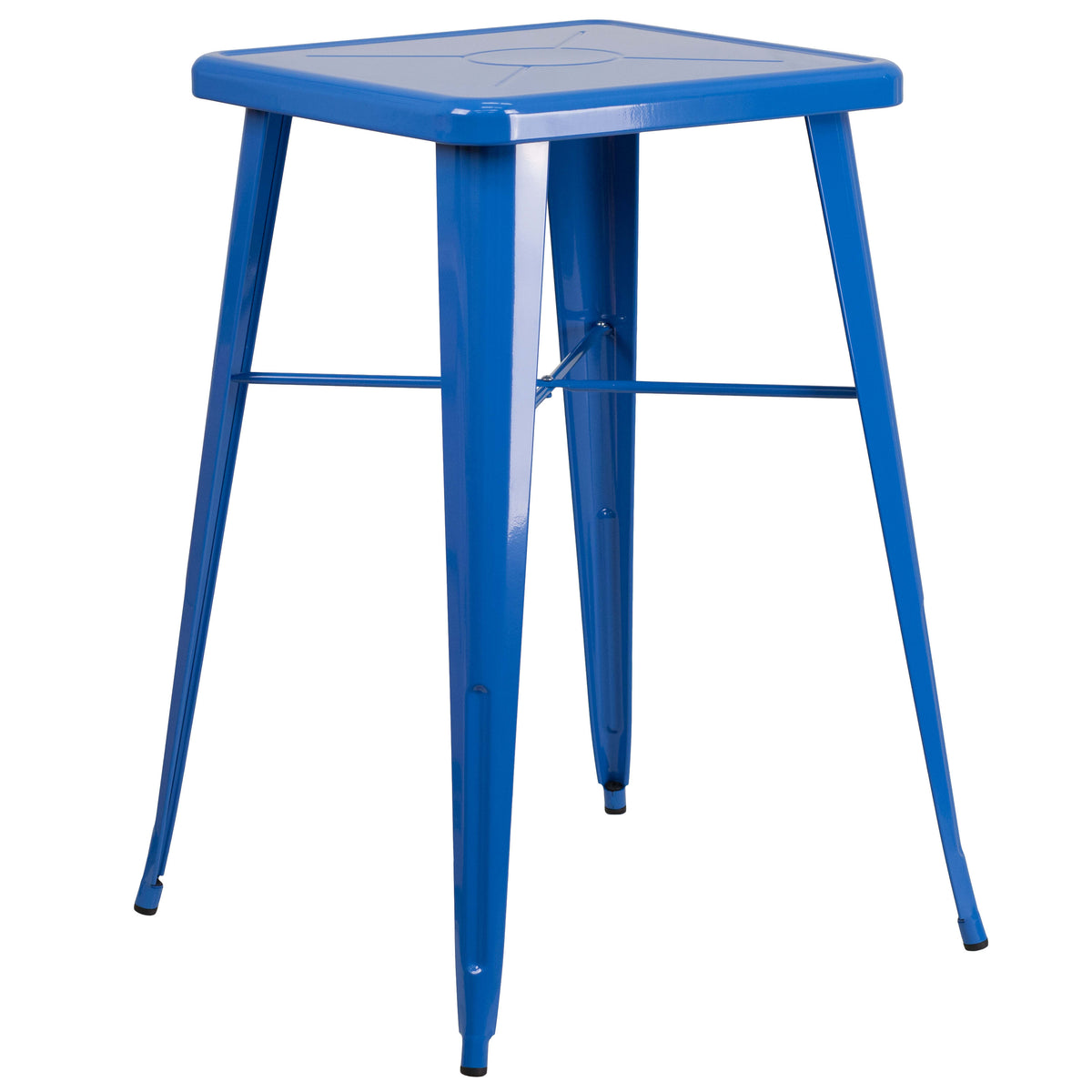 Blue |#| 23.75inch Square Blue Metal Indoor-Outdoor Bar Table Set with 2 Stools with Backs