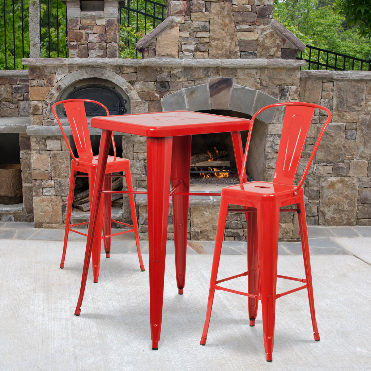 Red |#| 23.75inch Square Red Metal Indoor-Outdoor Bar Table Set with 2 Stools with Backs