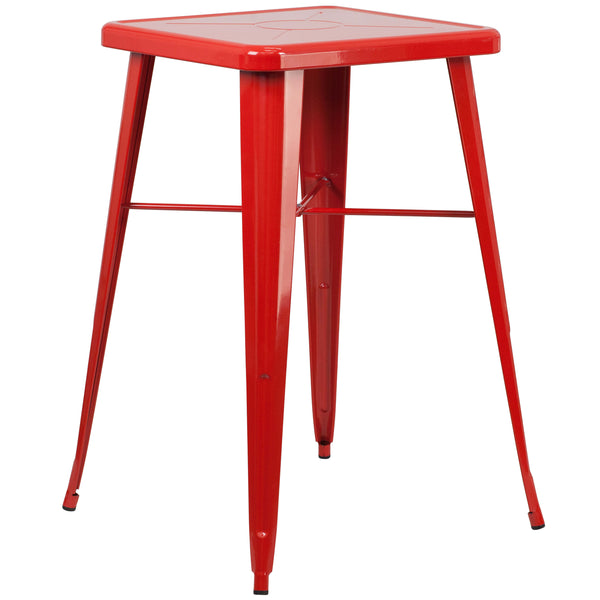 Red |#| 23.75inch Square Red Metal Indoor-Outdoor Bar Table Set with 2 Stools with Backs