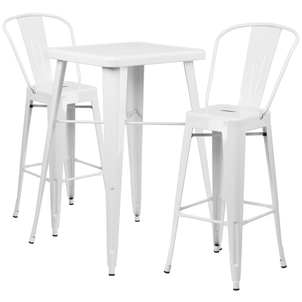 White |#| 23.75inch Square White Metal Indoor-Outdoor Bar Table Set with 2 Stools with Backs