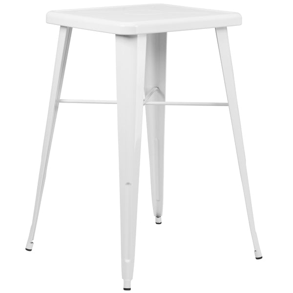 White |#| 23.75inch Square White Metal Indoor-Outdoor Bar Table Set with 2 Stools with Backs
