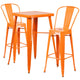 Orange |#| 23.75inch Square Orange Metal Indoor-Outdoor Bar Table Set w/ 2 Stools with Backs