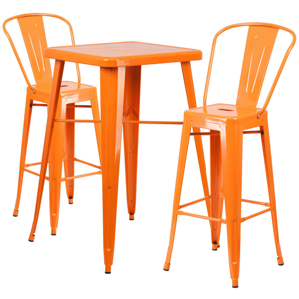 Orange |#| 23.75inch Square Orange Metal Indoor-Outdoor Bar Table Set w/ 2 Stools with Backs