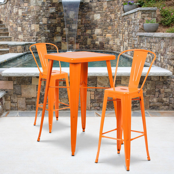 Orange |#| 23.75inch Square Orange Metal Indoor-Outdoor Bar Table Set w/ 2 Stools with Backs