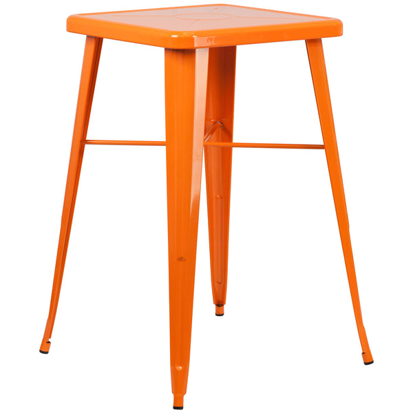 Orange |#| 23.75inch Square Orange Metal Indoor-Outdoor Bar Table Set w/ 2 Stools with Backs