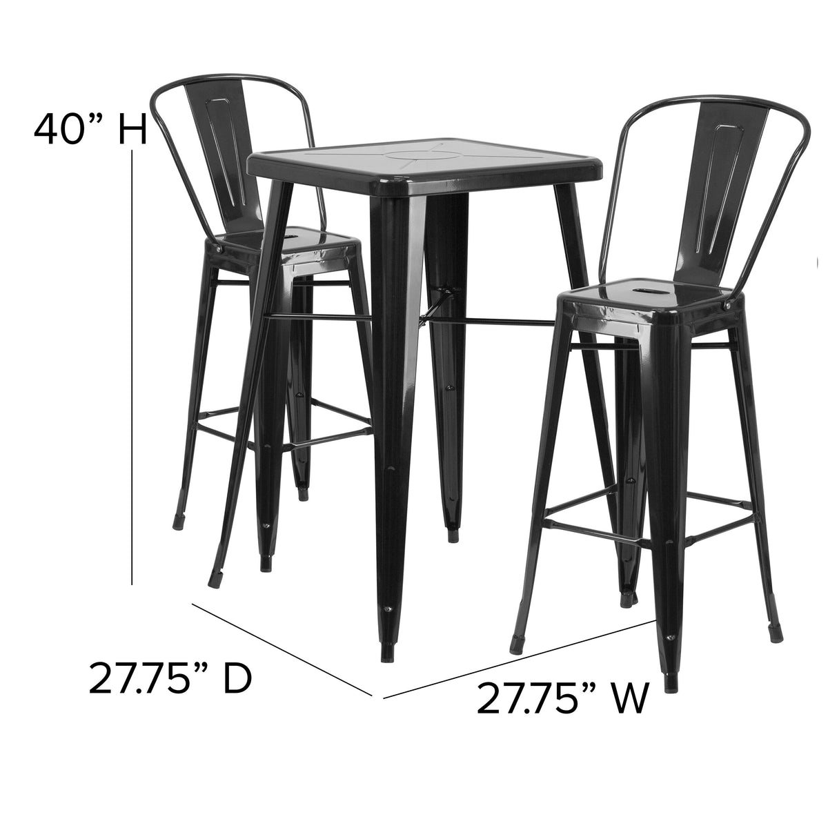 Black |#| 23.75inch Square Black Metal Indoor-Outdoor Bar Table Set with 2 Stools with Backs