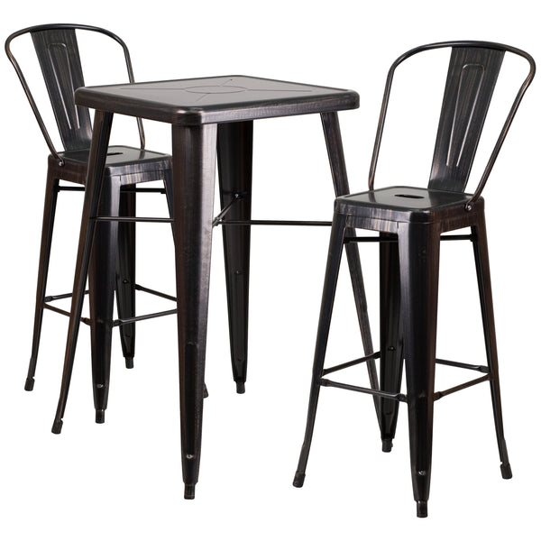 Black-Antique Gold |#| 23.75inch Square Black-Antique Gold Metal Bar Table Set with 2 Stools with Backs