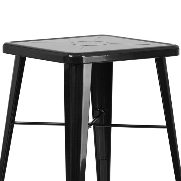 Black |#| 23.75inch Square Black Metal Indoor-Outdoor Bar Table Set with 2 Stools with Backs