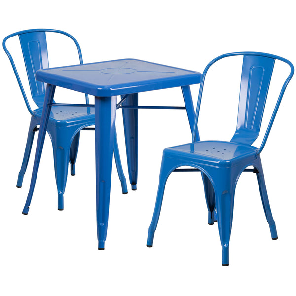 Blue |#| 23.75inch Square Blue Metal Indoor-Outdoor Table Set with 2 Stack Chairs