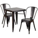 Black-Antique Gold |#| 23.75inch Square Black-Gold Metal Indoor-Outdoor Table Set with 2 Stack Chairs