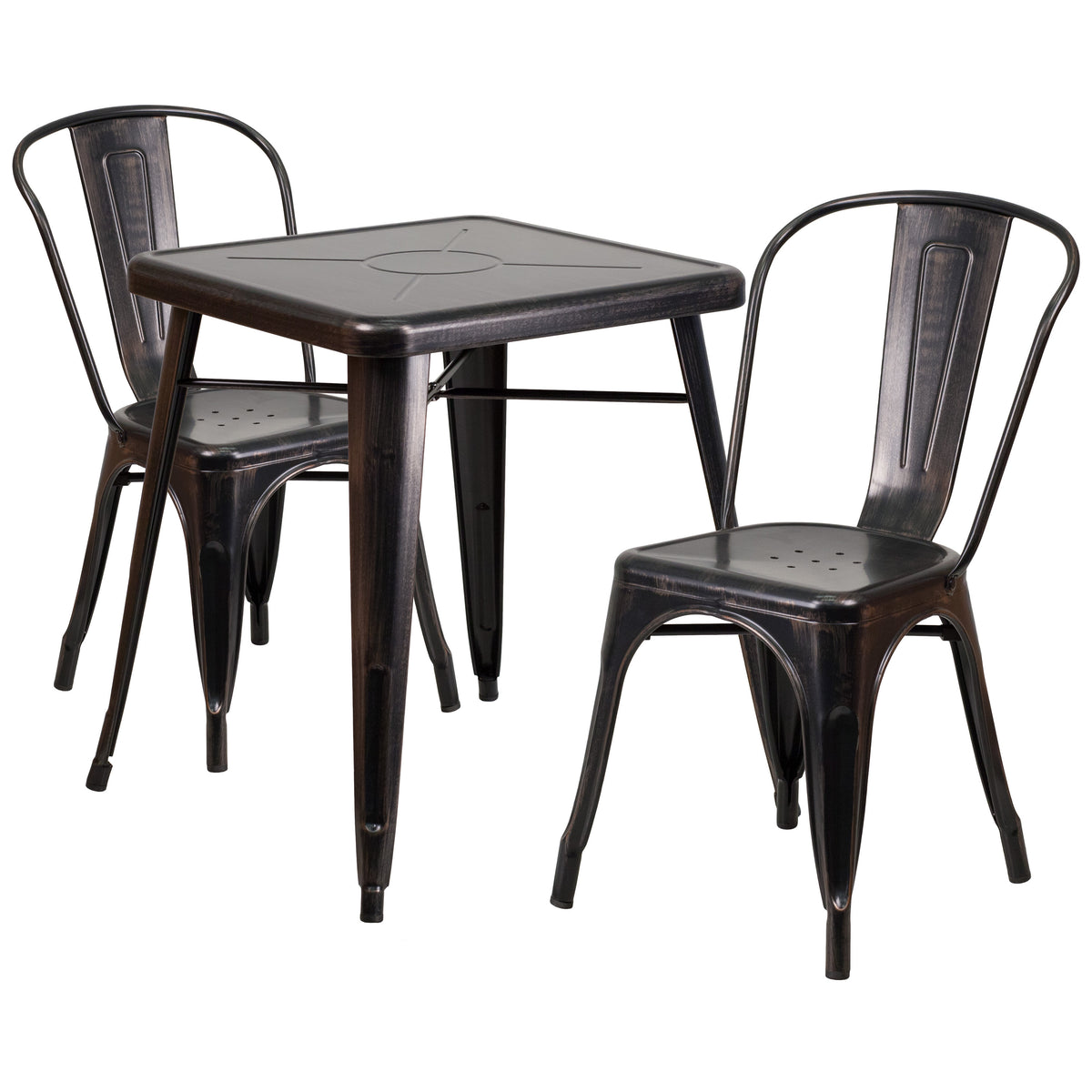 Black-Antique Gold |#| 23.75inch Square Black-Gold Metal Indoor-Outdoor Table Set with 2 Stack Chairs