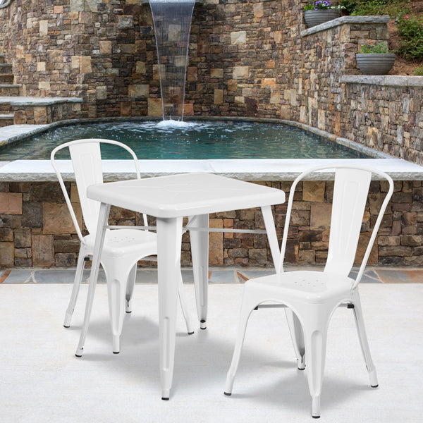 White |#| 23.75inch Square White Metal Indoor-Outdoor Table Set with 2 Stack Chairs