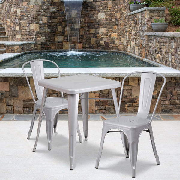 Silver |#| 23.75inch Square Silver Metal Indoor-Outdoor Table Set with 2 Stack Chairs