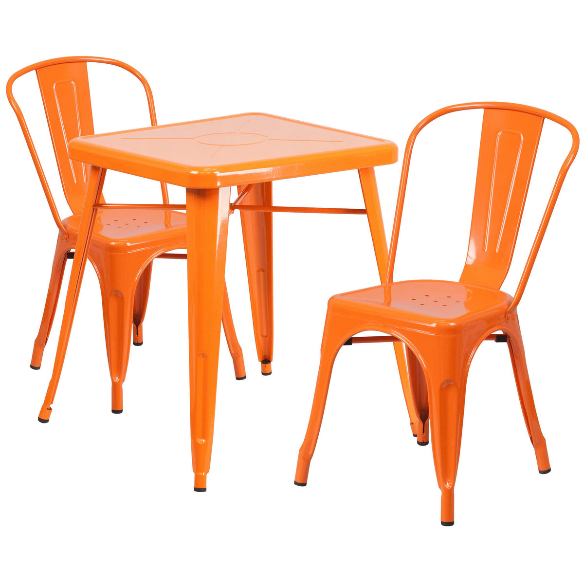 Orange |#| 23.75inch Square Orange Metal Indoor-Outdoor Table Set with 2 Stack Chairs
