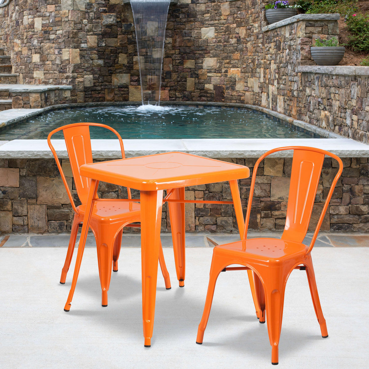 Orange |#| 23.75inch Square Orange Metal Indoor-Outdoor Table Set with 2 Stack Chairs
