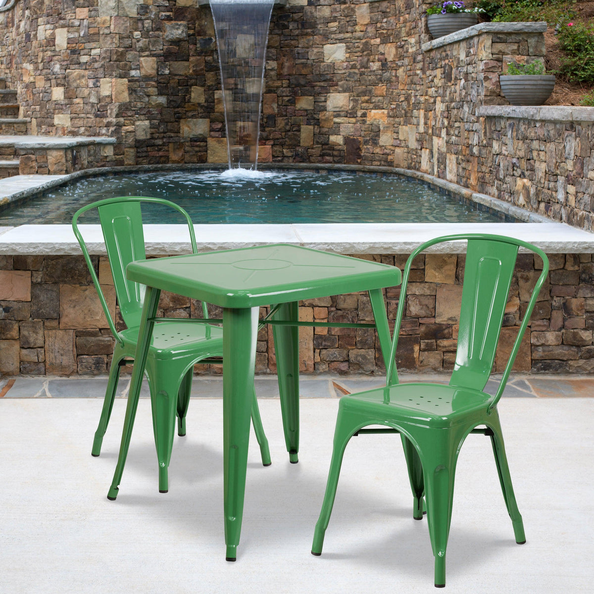 Green |#| 23.75inch Square Green Metal Indoor-Outdoor Table Set with 2 Stack Chairs
