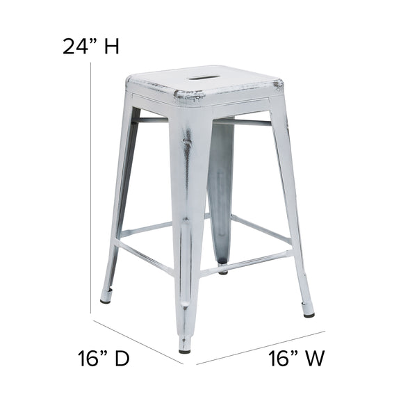 White |#| 24inch High Backless Distressed White Metal Indoor-Outdoor Counter Height Stool