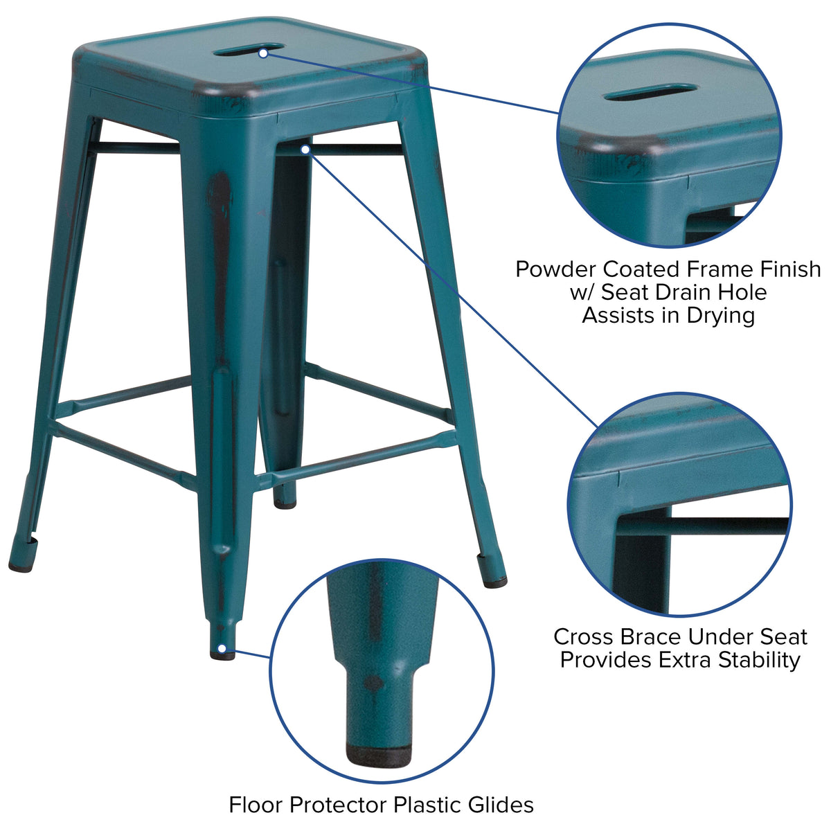 Kelly Blue-Teal |#| 24inchH Backless Aged Kelly Blue-Teal Metal Indoor-Outdoor Counter Height Stool