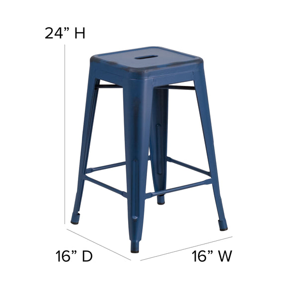 Antique Blue |#| 24inch High Backless Distressed Blue Metal Indoor-Outdoor Counter Height Stool