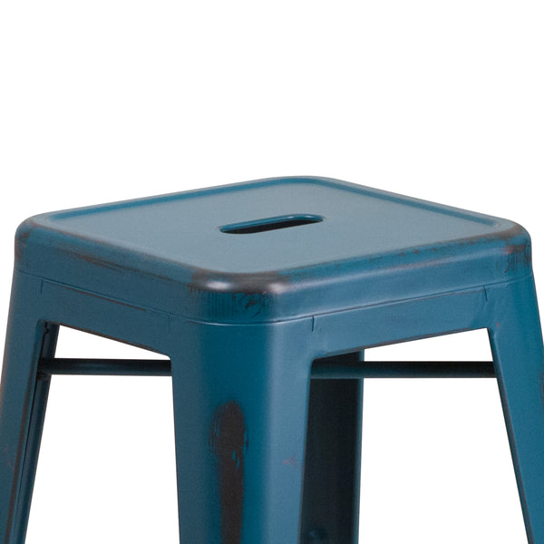 Antique Blue |#| 24inch High Backless Distressed Blue Metal Indoor-Outdoor Counter Height Stool