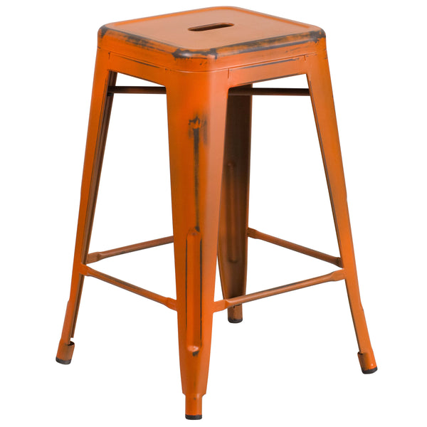 Orange |#| 24inch High Backless Distressed Orange Metal Indoor-Outdoor Counter Height Stool