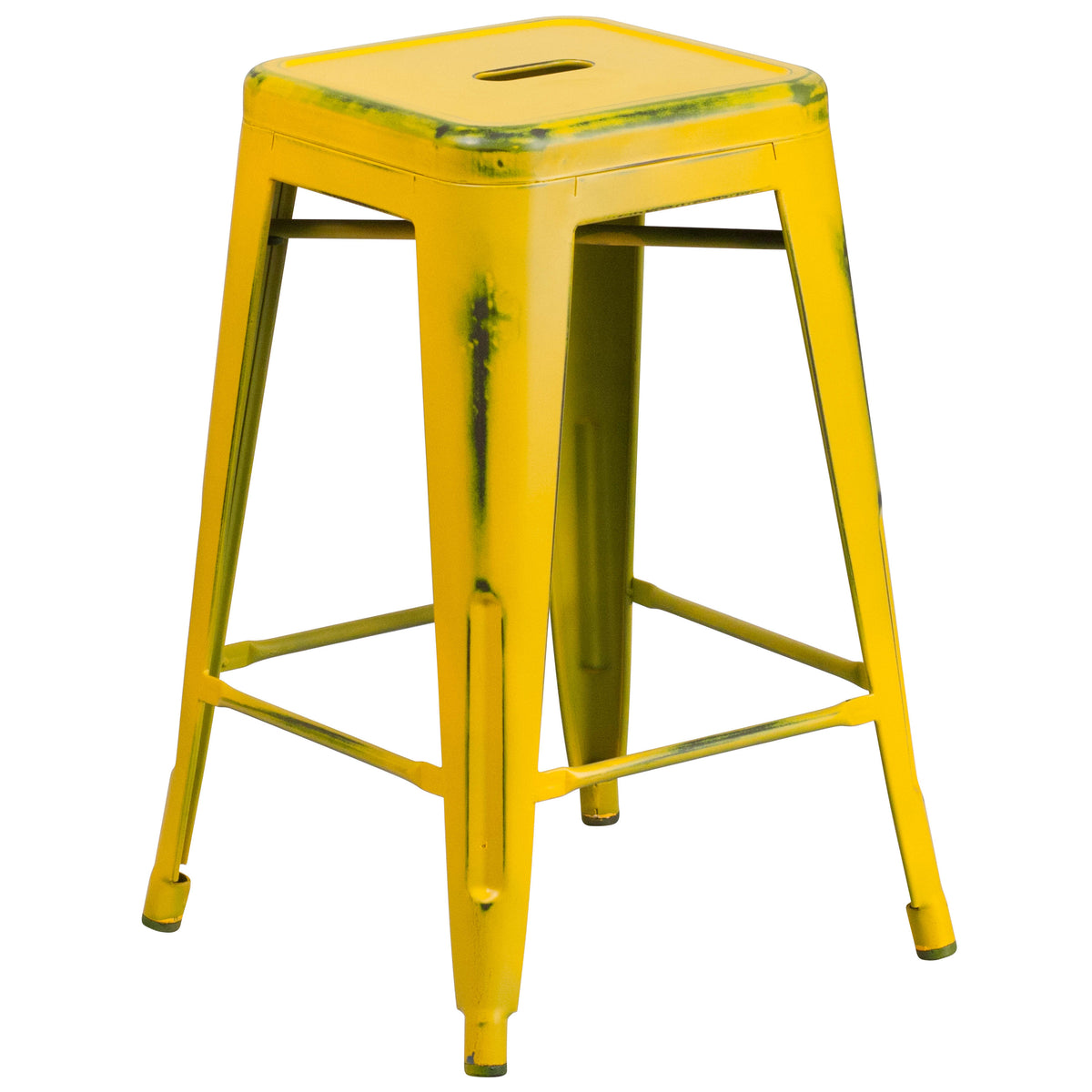 Yellow |#| 24inch High Backless Distressed Yellow Metal Indoor-Outdoor Counter Height Stool