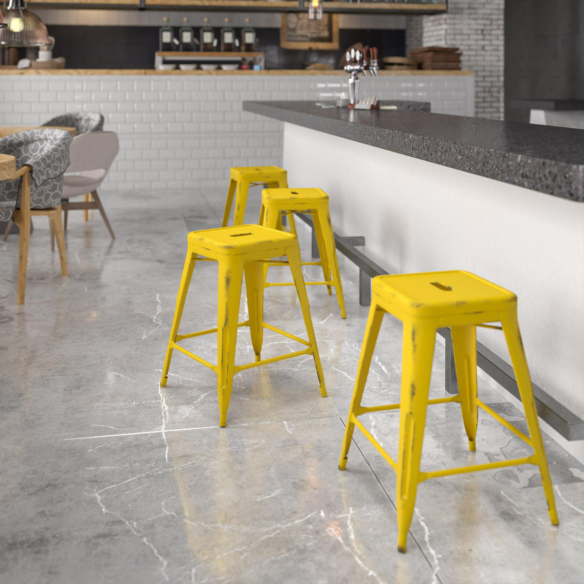 Yellow |#| 24inch High Backless Distressed Yellow Metal Indoor-Outdoor Counter Height Stool