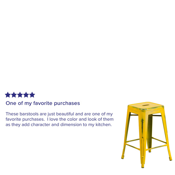 Yellow |#| 24inch High Backless Distressed Yellow Metal Indoor-Outdoor Counter Height Stool