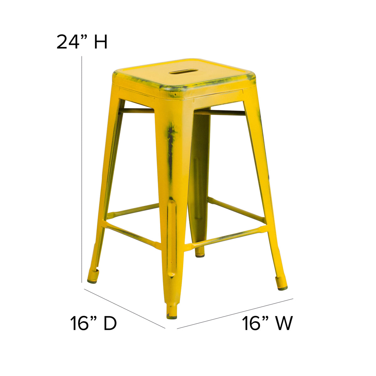 Yellow |#| 24inch High Backless Distressed Yellow Metal Indoor-Outdoor Counter Height Stool