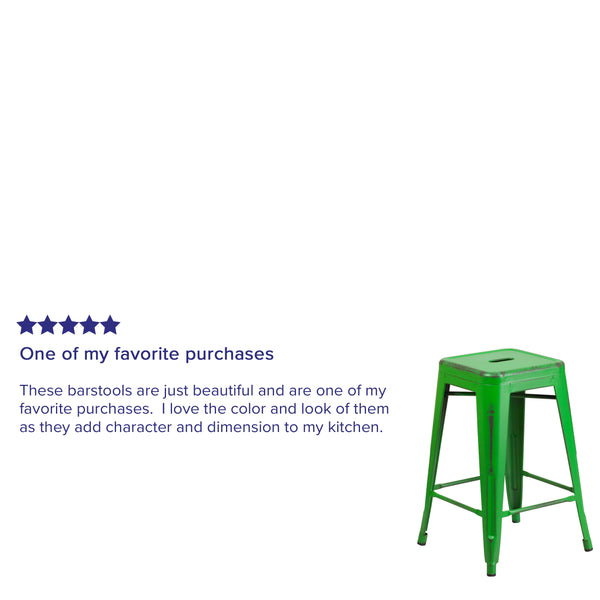 Green |#| 24inch High Backless Distressed Green Metal Indoor-Outdoor Counter Height Stool