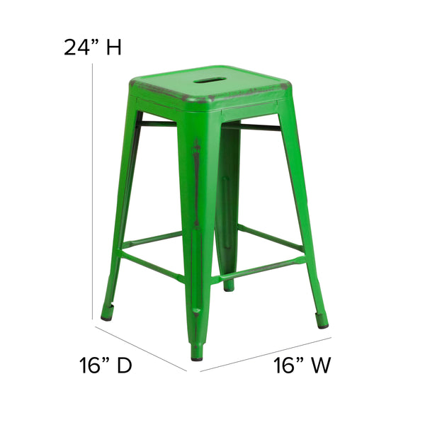 Green |#| 24inch High Backless Distressed Green Metal Indoor-Outdoor Counter Height Stool