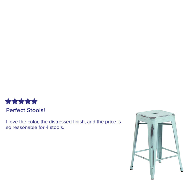 Green-Blue |#| 24inchH Backless Distressed Green-Blue Metal Indoor-Outdoor Counter Height Stool