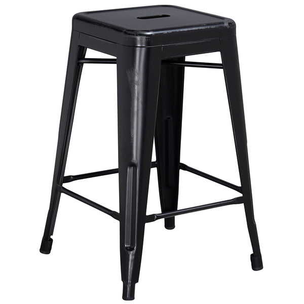 Black |#| 24inch High Backless Distressed Black Metal Indoor-Outdoor Counter Height Stool