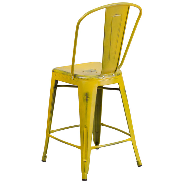 Yellow |#| 24inch High Distressed Yellow Metal Indoor-Outdoor Counter Height Stool with Back