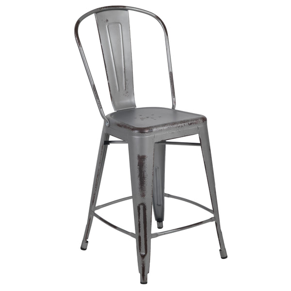 Silver Gray |#| 24inchH Distressed Silver Gray Metal Indoor-Outdoor Counter Dining Stool with Back