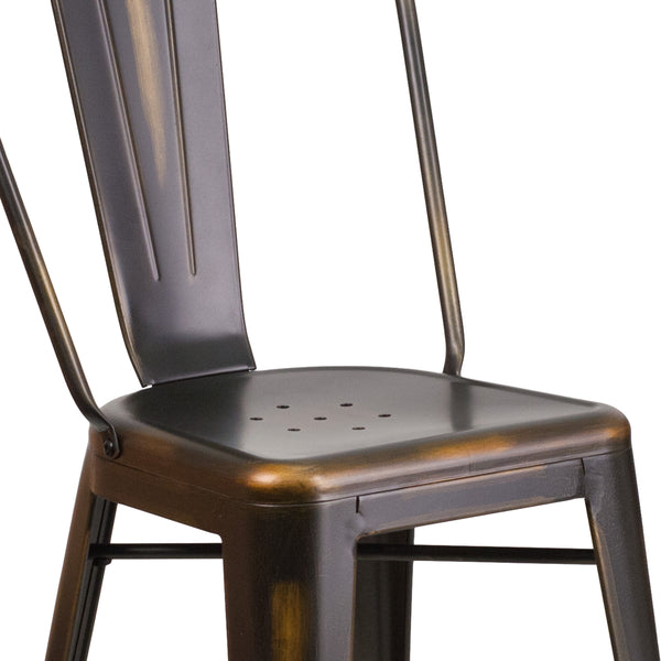 Copper |#| 24inch High Distressed Copper Metal Indoor-Outdoor Counter Height Stool with Back