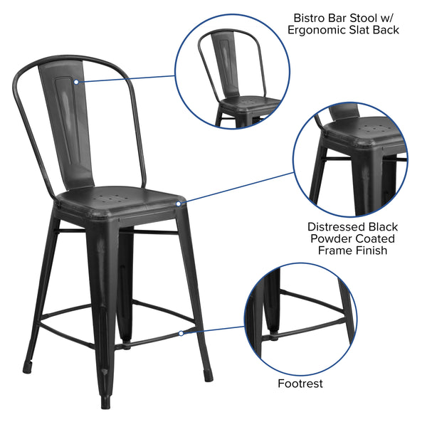 Black |#| 24inch High Distressed Black Metal Indoor-Outdoor Counter Height Stool with Back