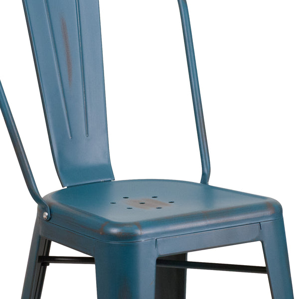 Antique Blue |#| 24inch High Distressed Aged Blue Metal Indoor-Outdoor Counter Height Stool w/ Back