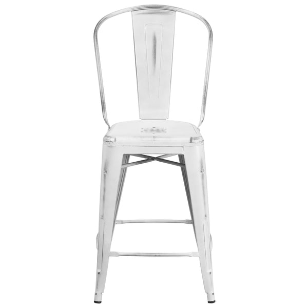 White |#| 24inch High Distressed White Metal Indoor-Outdoor Counter Height Stool with Back