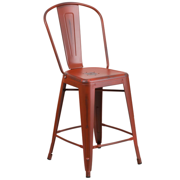 Kelly Red |#| 24inch High Distressed Kelly Red Metal Indoor-Outdoor Counter Height Stool w/ Back