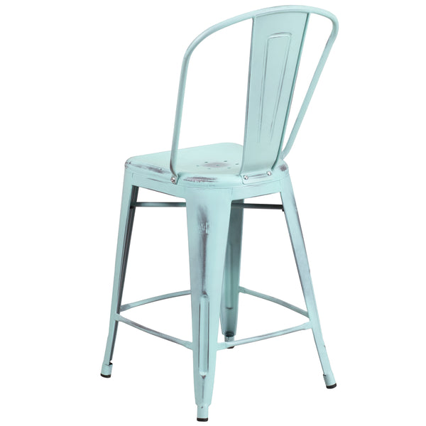 Green-Blue |#| 24inch High Distressed Green-Blue Metal Indoor-Outdoor Counter Height Stool w/Back