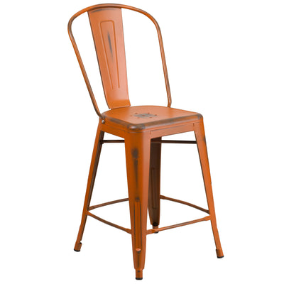 24" High Distressed Metal Indoor-Outdoor Counter Height Stool with Back - View 1