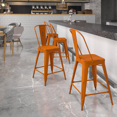 24" High Distressed Metal Indoor-Outdoor Counter Height Stool with Back - View 2