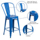 Blue |#| 24inch High Blue Metal Indoor-Outdoor Counter Height Stool with Back