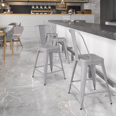 Commercial Grade 24" High Metal Indoor-Outdoor Counter Height Stool with Back - View 2