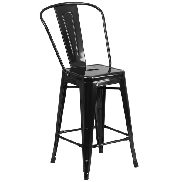 Black |#| 24inch High Black Metal Indoor-Outdoor Counter Height Stool with Back