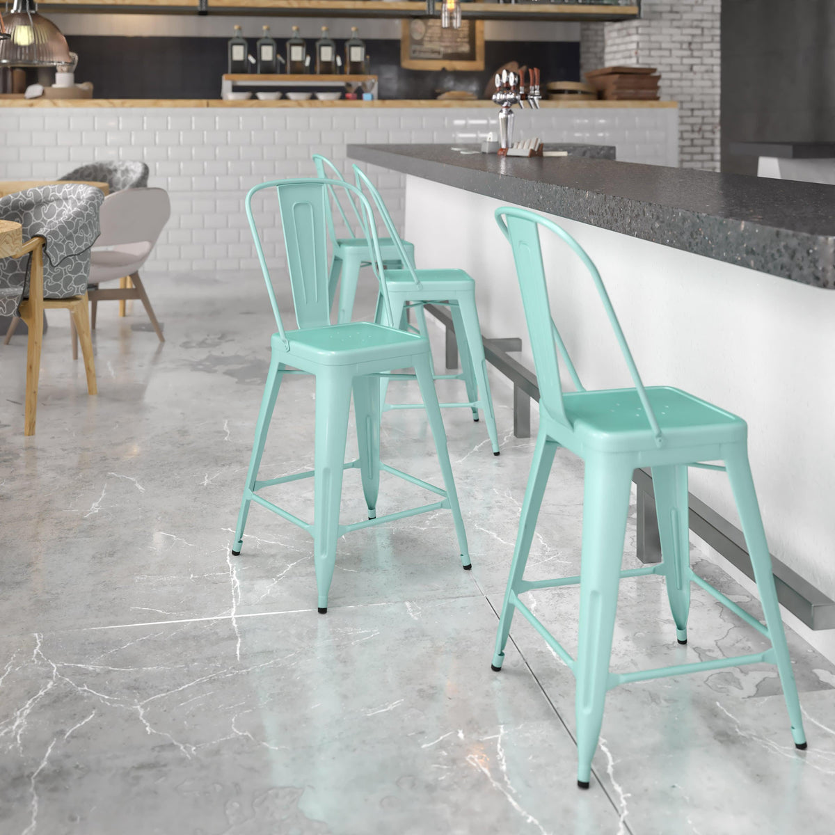 Mint Green |#| 24inch High Mint Green Metal Indoor-Outdoor Counter Height Stool with Back